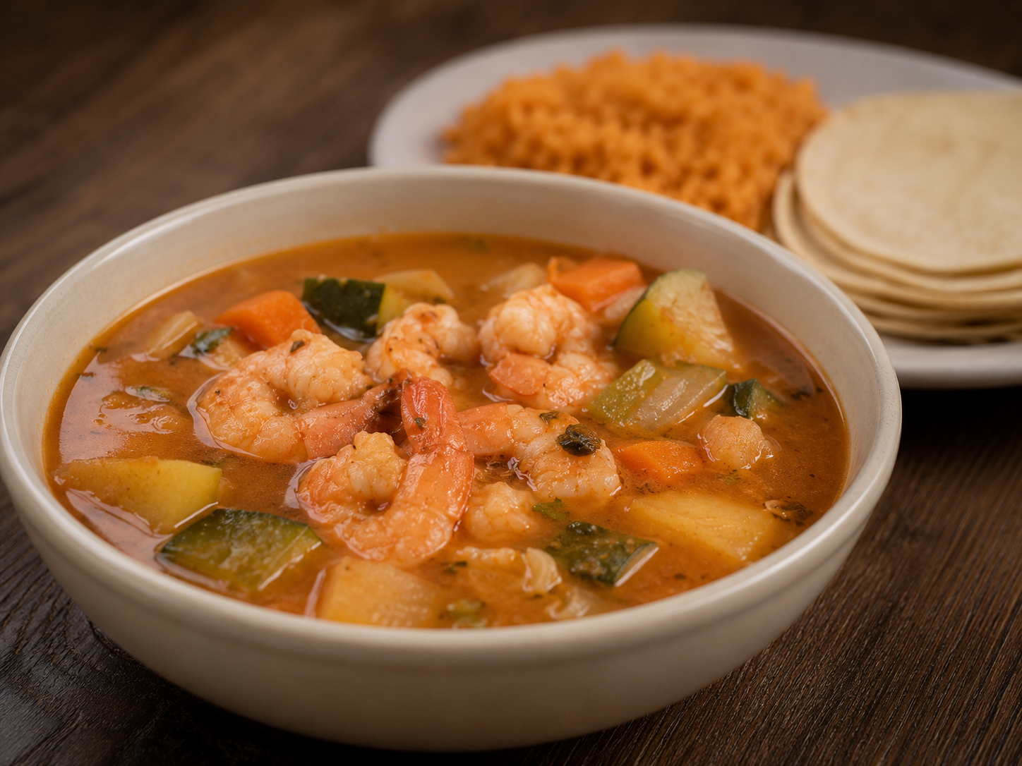 Shrimp Soup plate served with guacamole, rice, beans, pico de gallo, and salad on a white plate