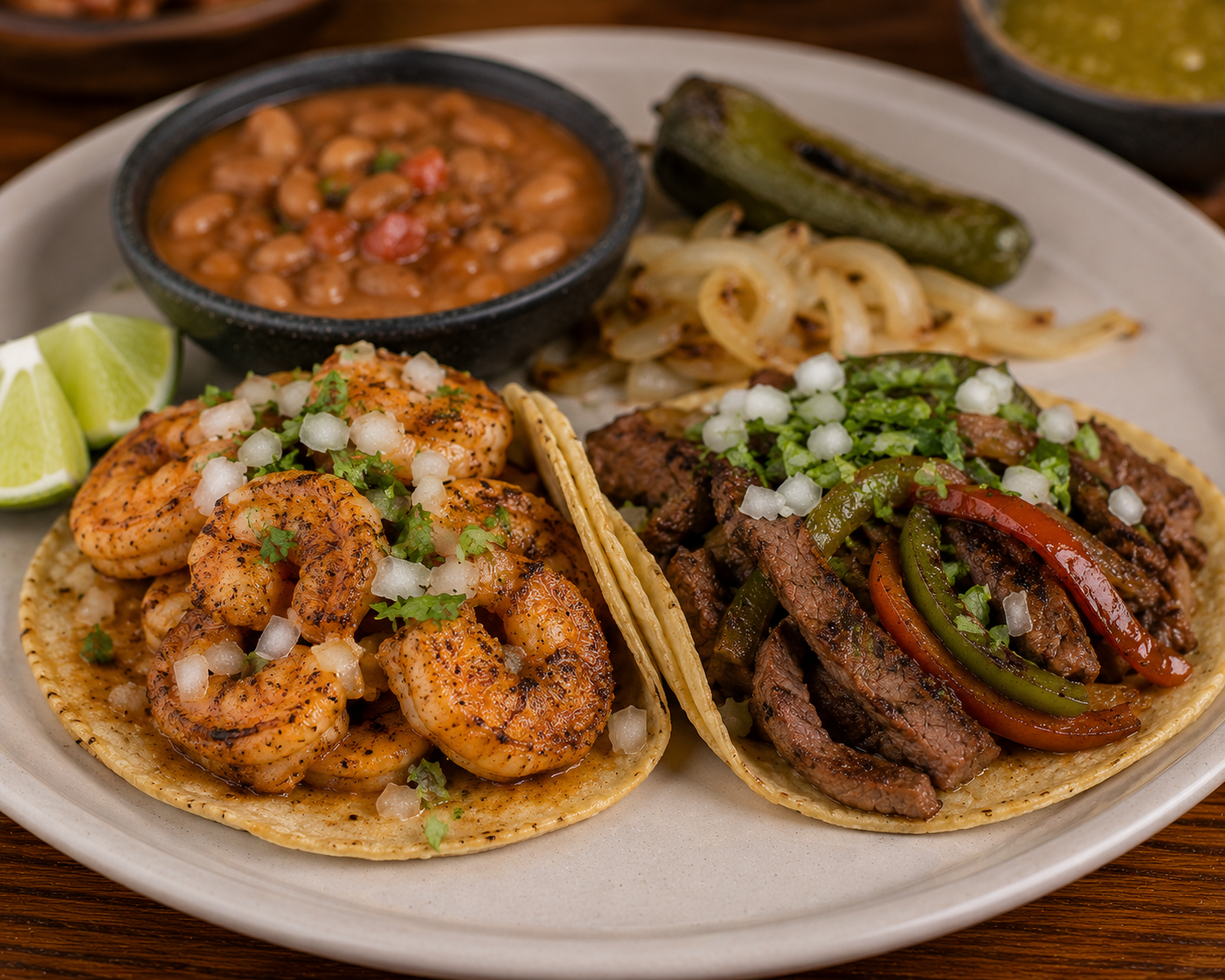 Shrimp taco and fajita strip taco served on a white plate