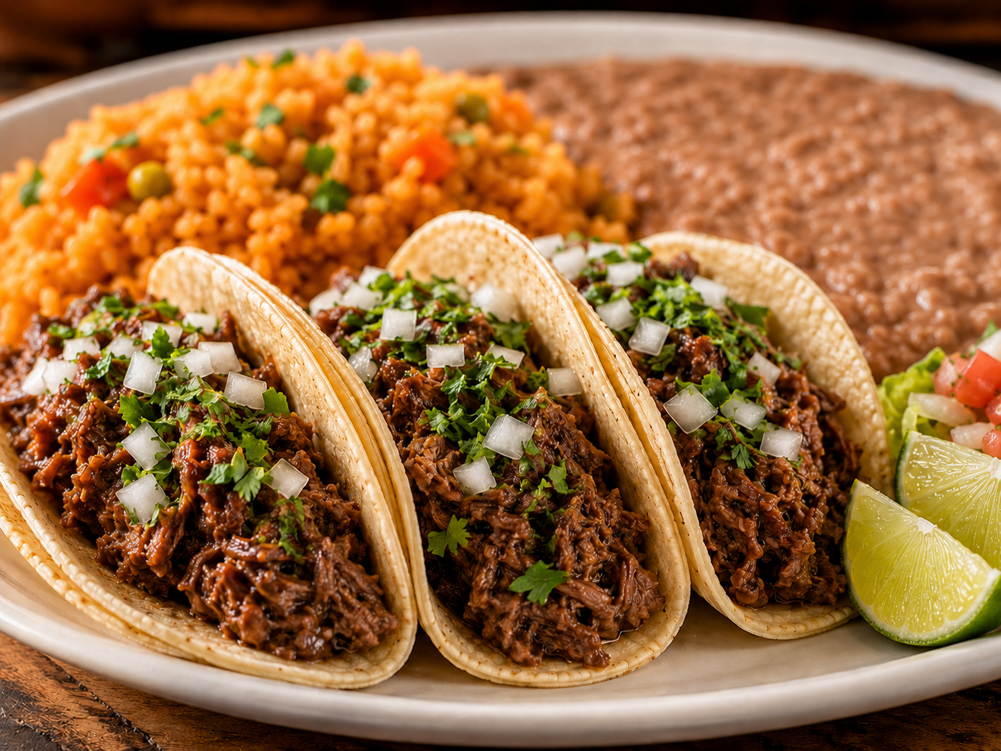 Three soft tacos plate served with rice and beans on a white plate