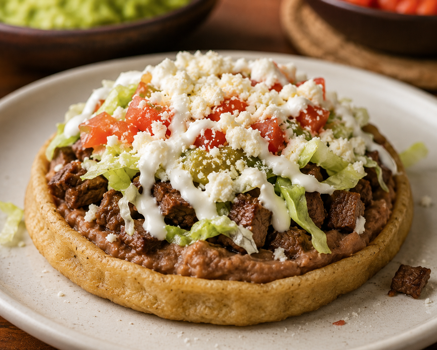 Sopes served with choice of meats on a white plate