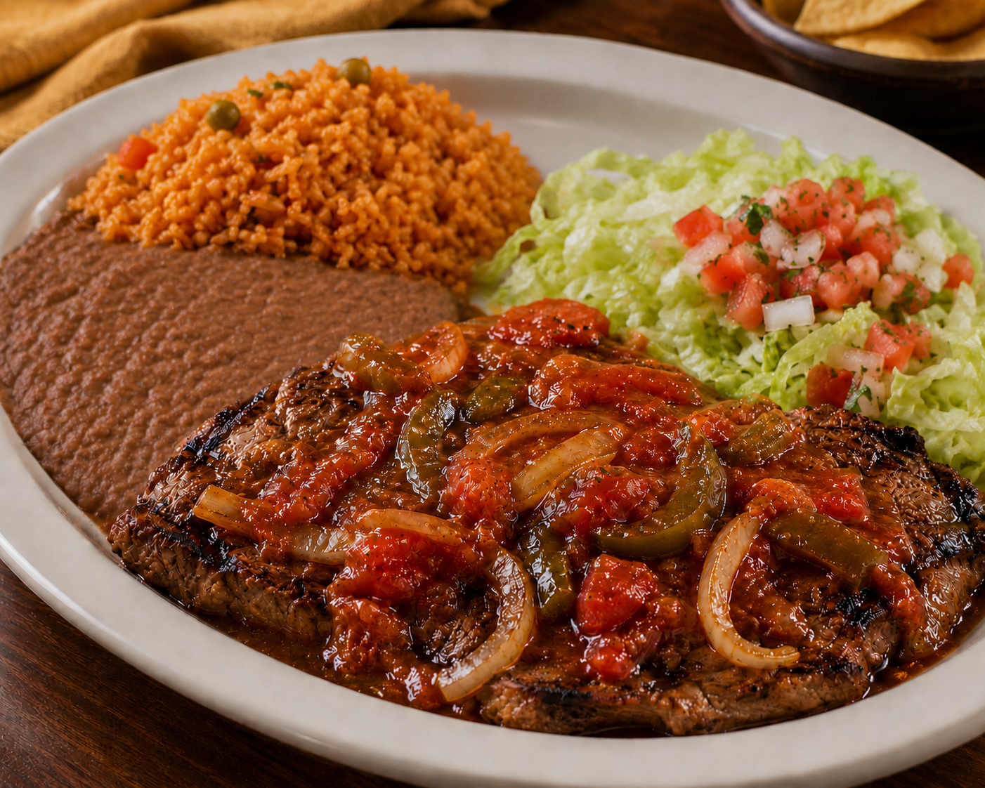 Steak Ranchero plate served with guacamole, rice, beans, pico de gallo, and salad on a white plate