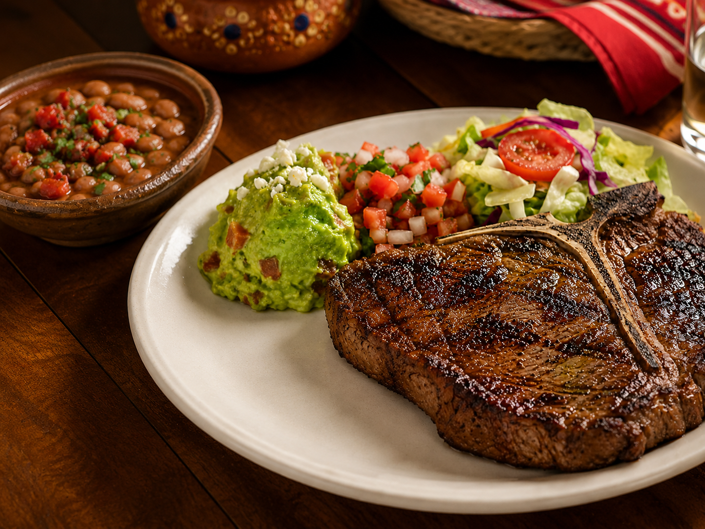 T-bone steak plate served with charro beans, guacamole, pico de gallo, and salad on a white plate
