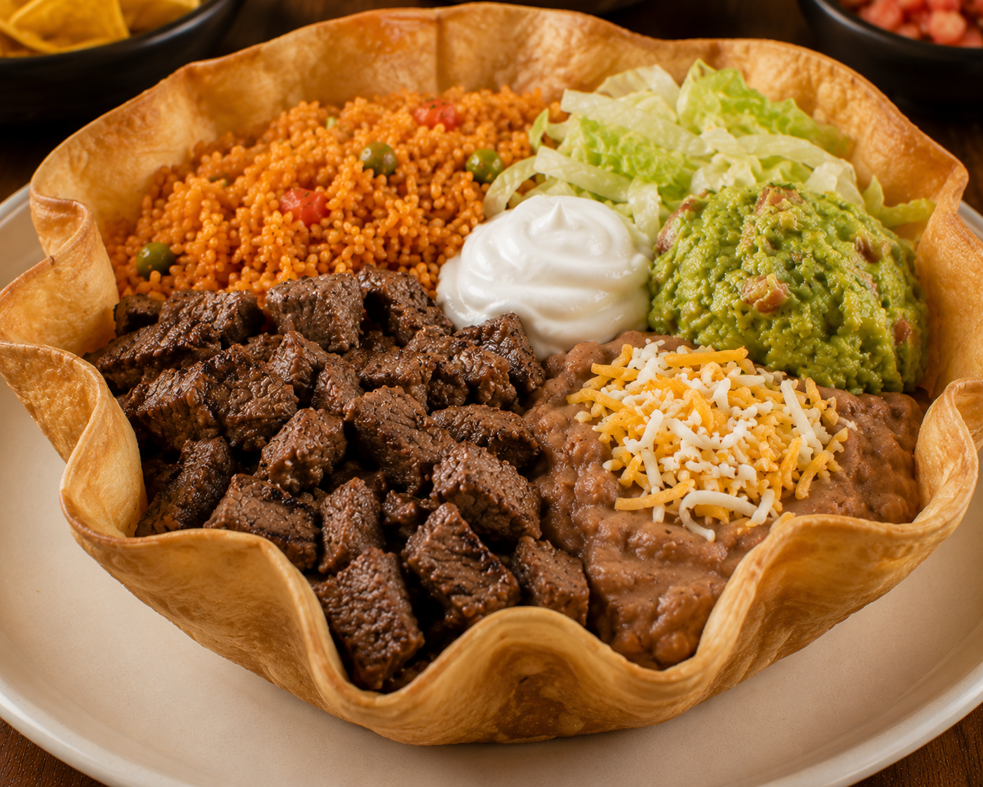 Taco Salad plate served with guacamole, rice, beans, pico de gallo, and salad on a white plate