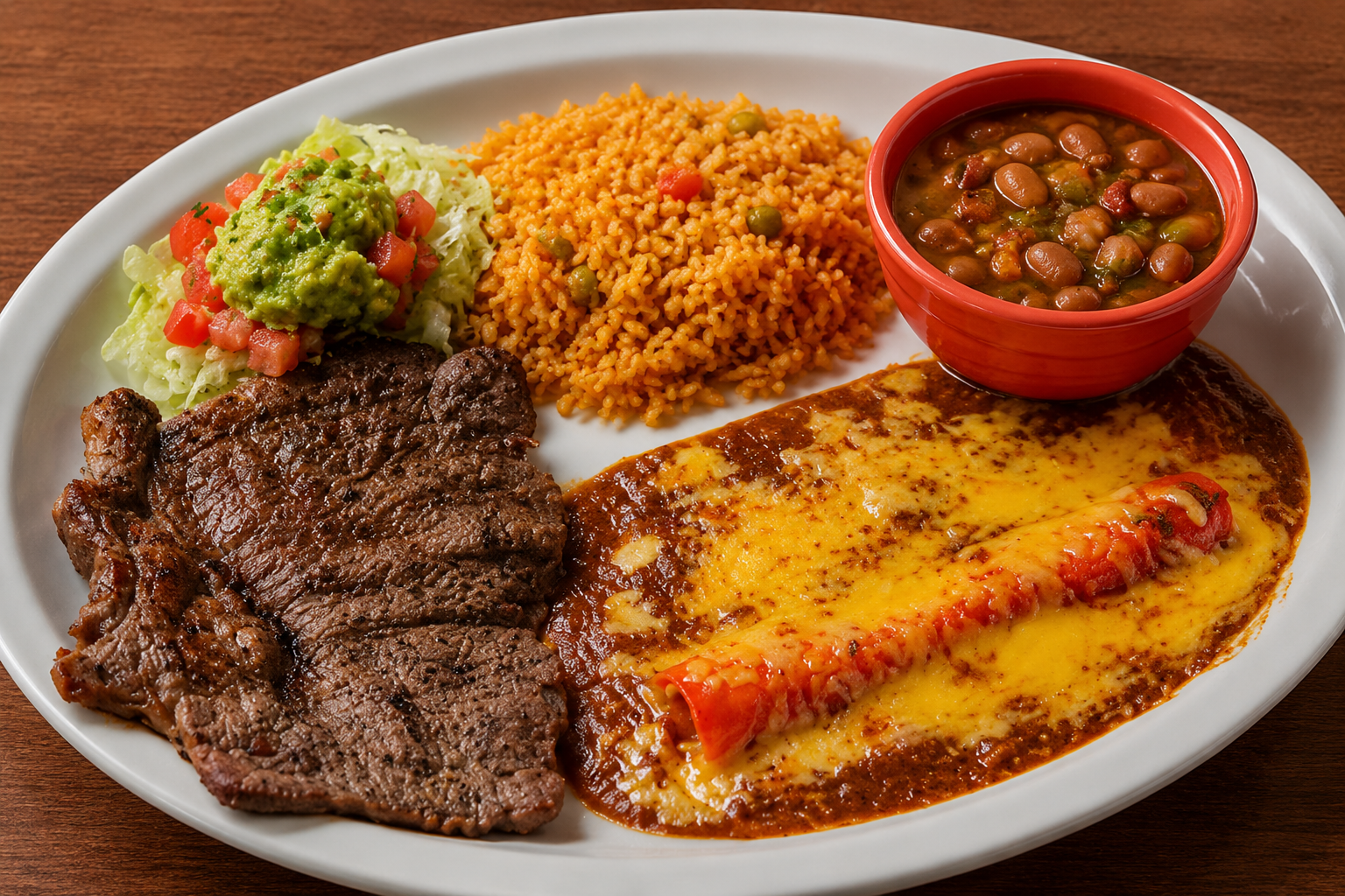 Tampiqueña plate served with guacamole, rice, beans, pico de gallo, and salad on a white plate