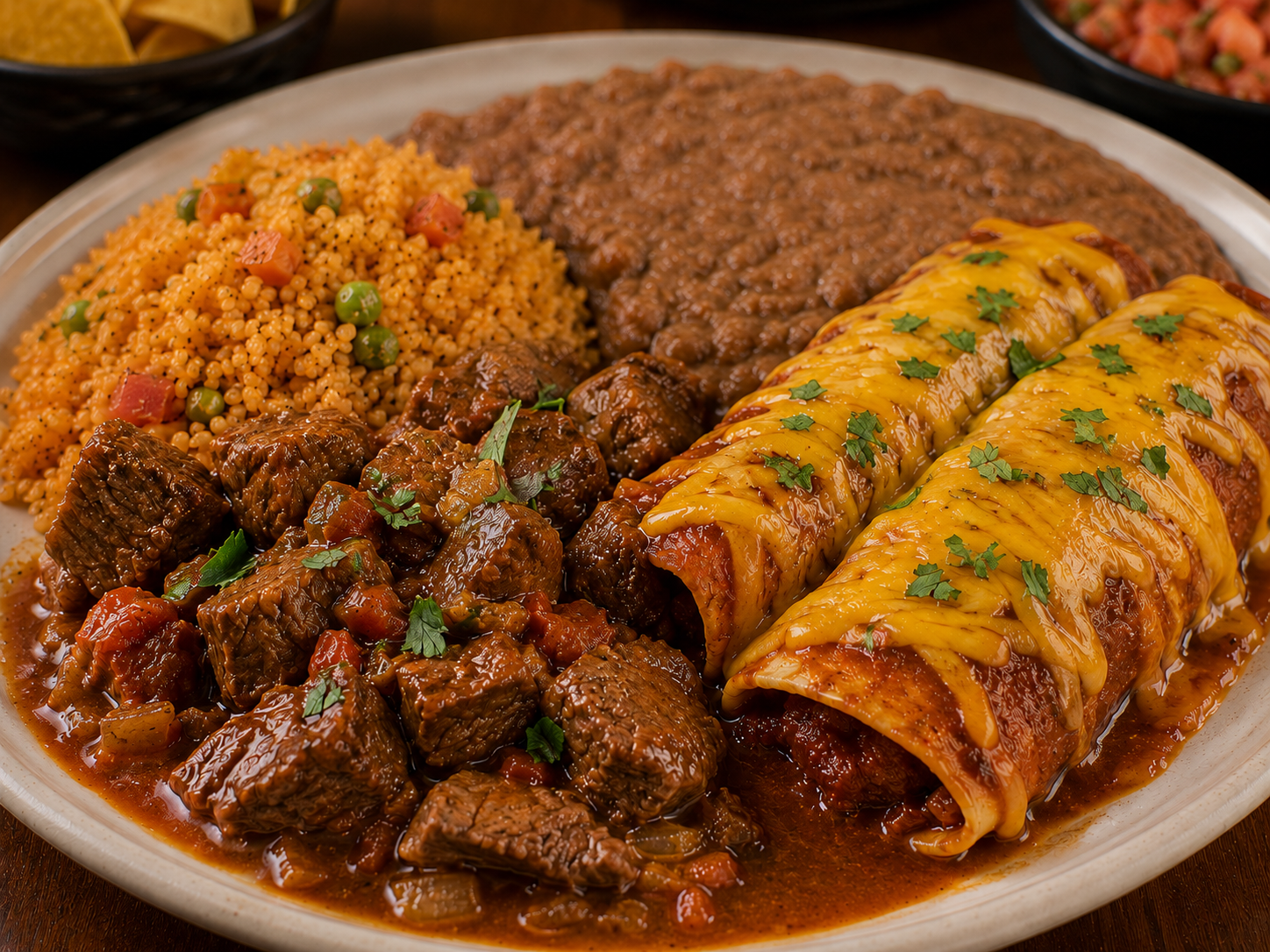 Tex-Mex Plate served with guacamole, rice, beans, pico de gallo, and salad on a white plate