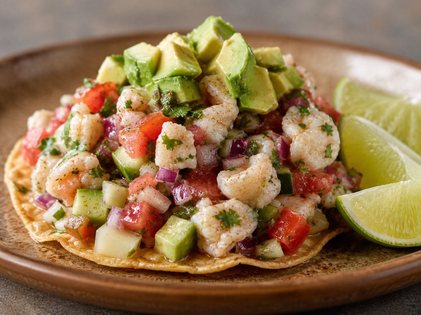 Tostada de Ceviche plate served with guacamole, rice, beans, pico de gallo, and salad on a white plate