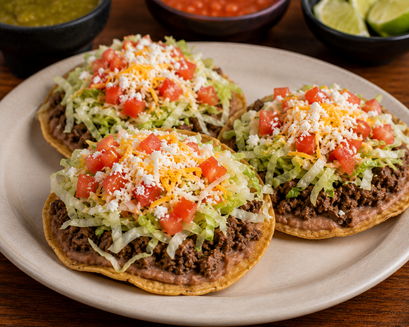 Tostadas served with choice of meats on a white plate