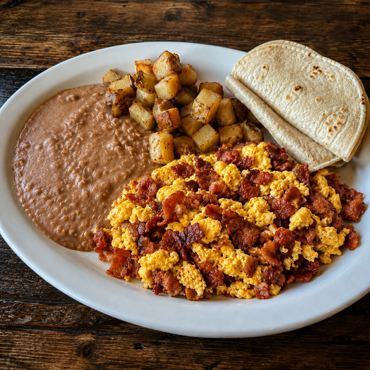 Two Eggs with Bacon served on a white plate with a side of refried beans and potatoes