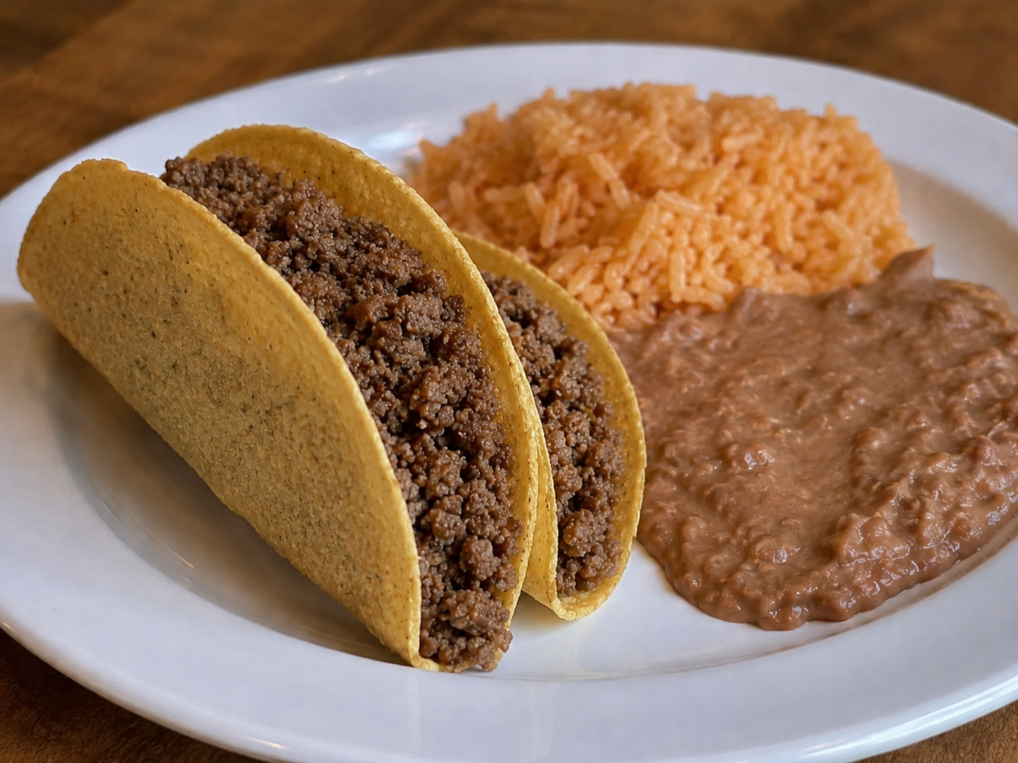 Two ground beef crispy tacos served with rice and beans.